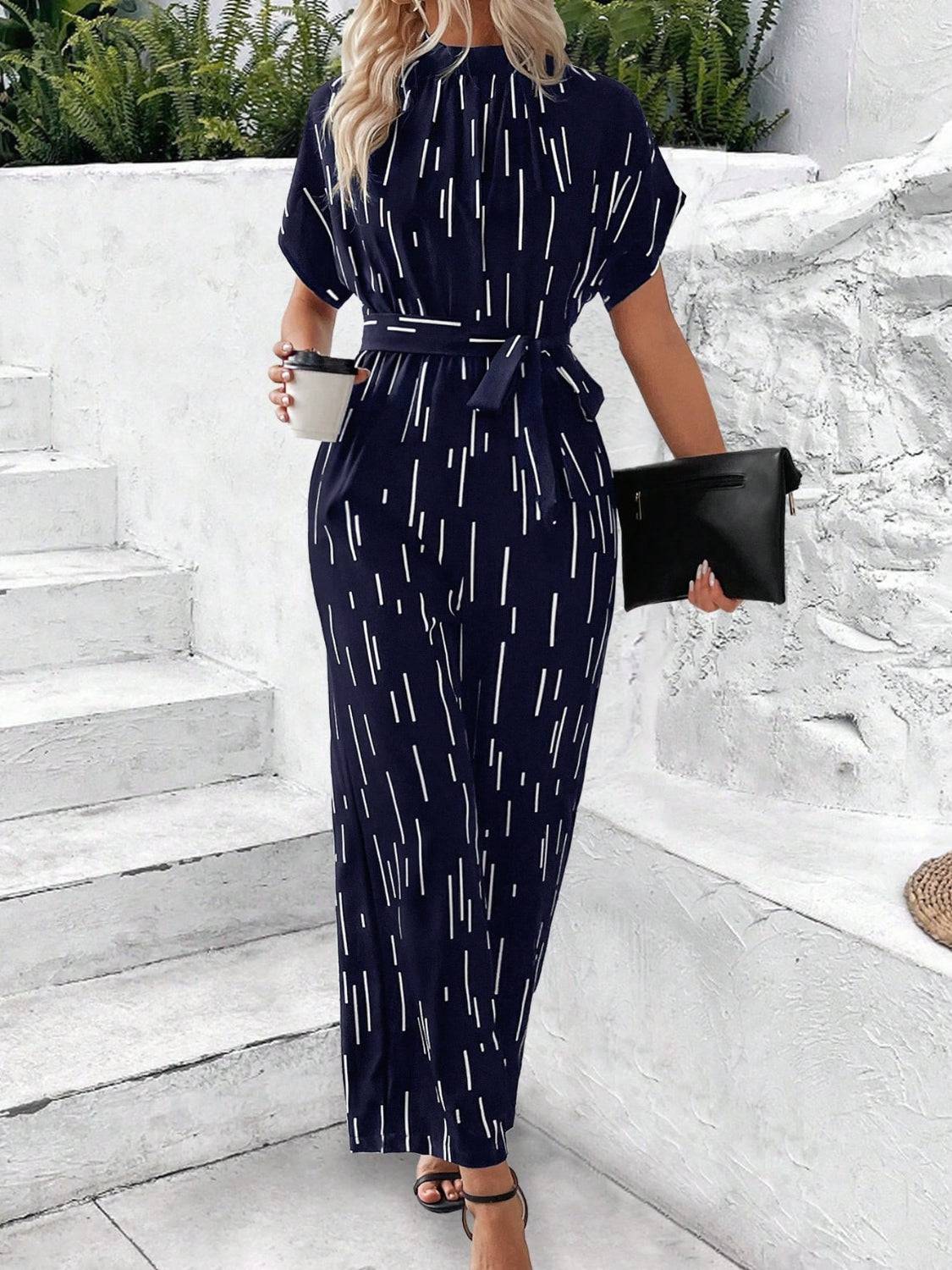 Tied Printed Mock Neck Wide Leg Jumpsuit - Siennasass