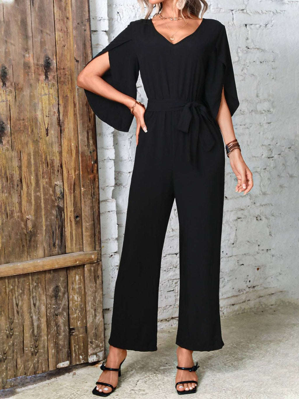 Tied V-Neck Half Sleeve Wide Leg Jumpsuit - Siennasass