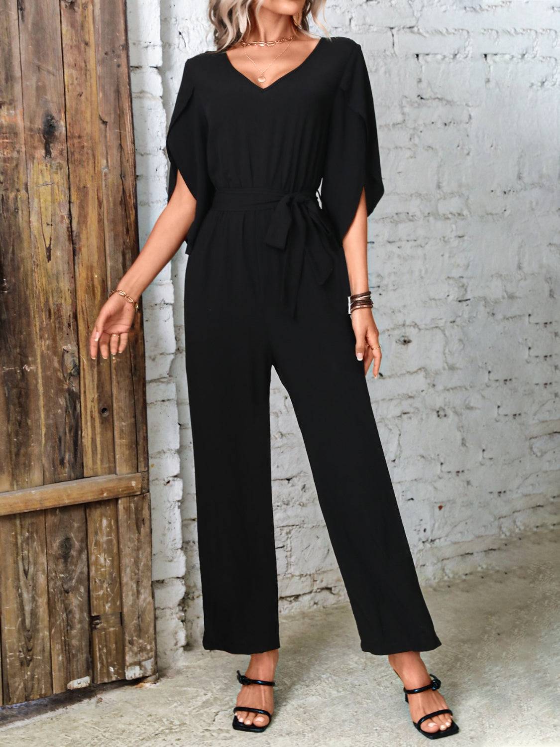 Tied V-Neck Half Sleeve Wide Leg Jumpsuit - Siennasass