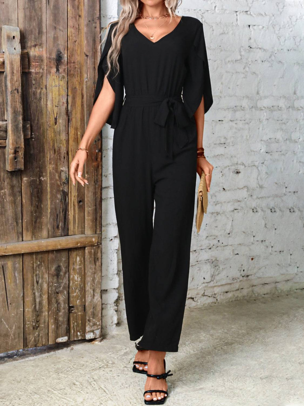 Tied V-Neck Half Sleeve Wide Leg Jumpsuit - Siennasass