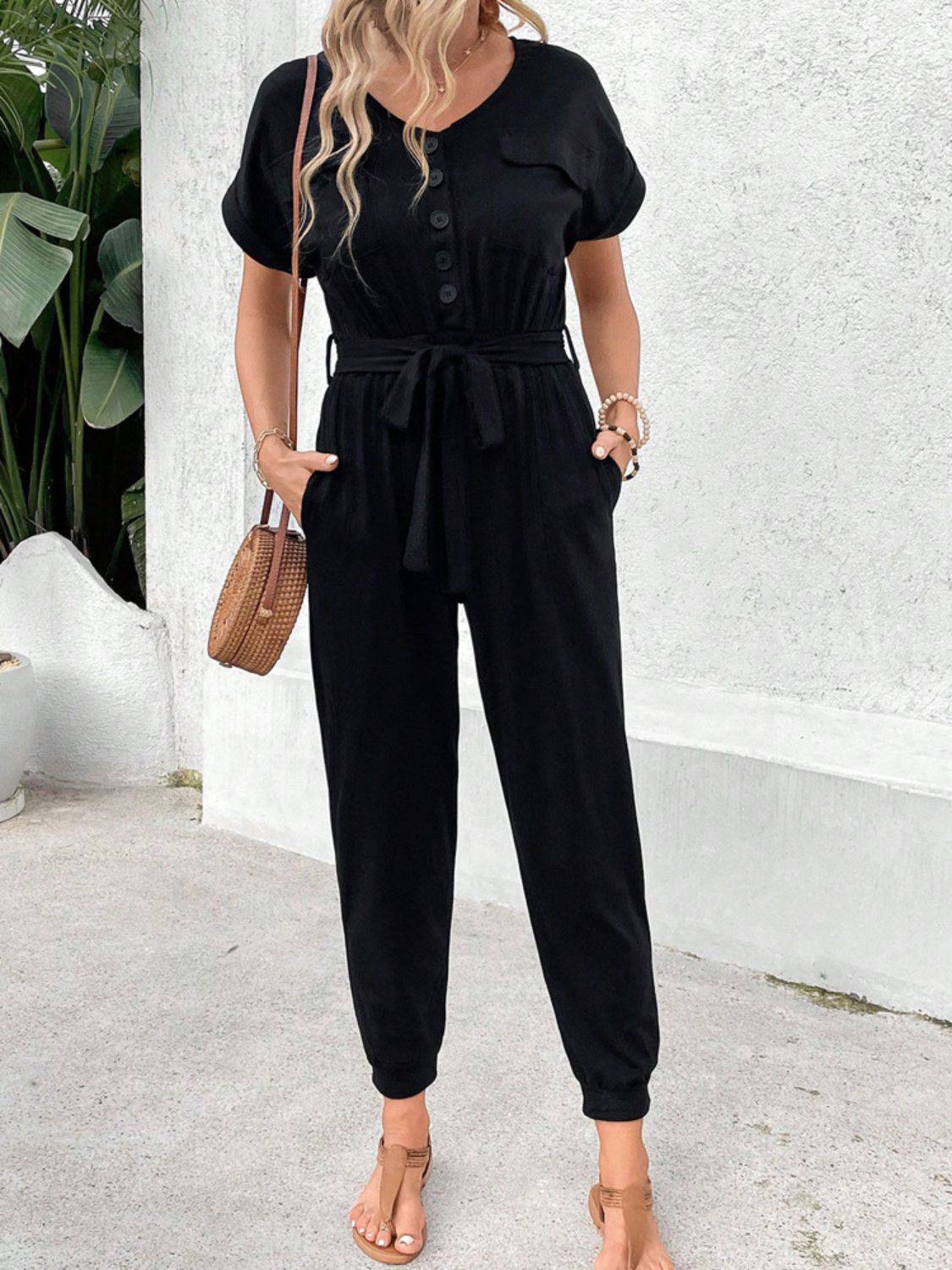 V-Neck Short Sleeve Jumpsuit - Siennasass
