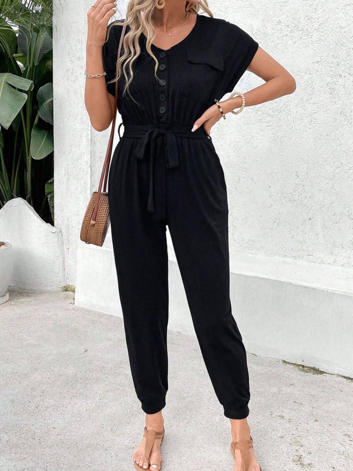 V-Neck Short Sleeve Jumpsuit - Siennasass