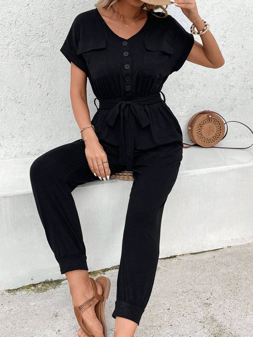 V-Neck Short Sleeve Jumpsuit - Siennasass