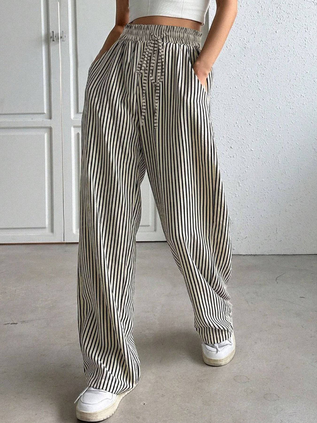 Drawstring Striped Elastic Waist Pants - Siennasass