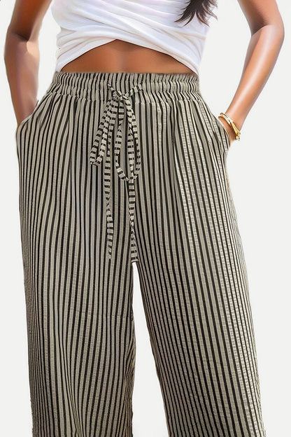 Drawstring Striped Elastic Waist Pants - Siennasass