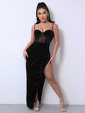 Sequin Spliced Mesh Adjustable Strap Dress - Siennasass