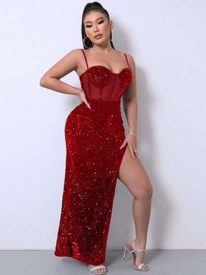 Sequin Spliced Mesh Adjustable Strap Dress - Siennasass