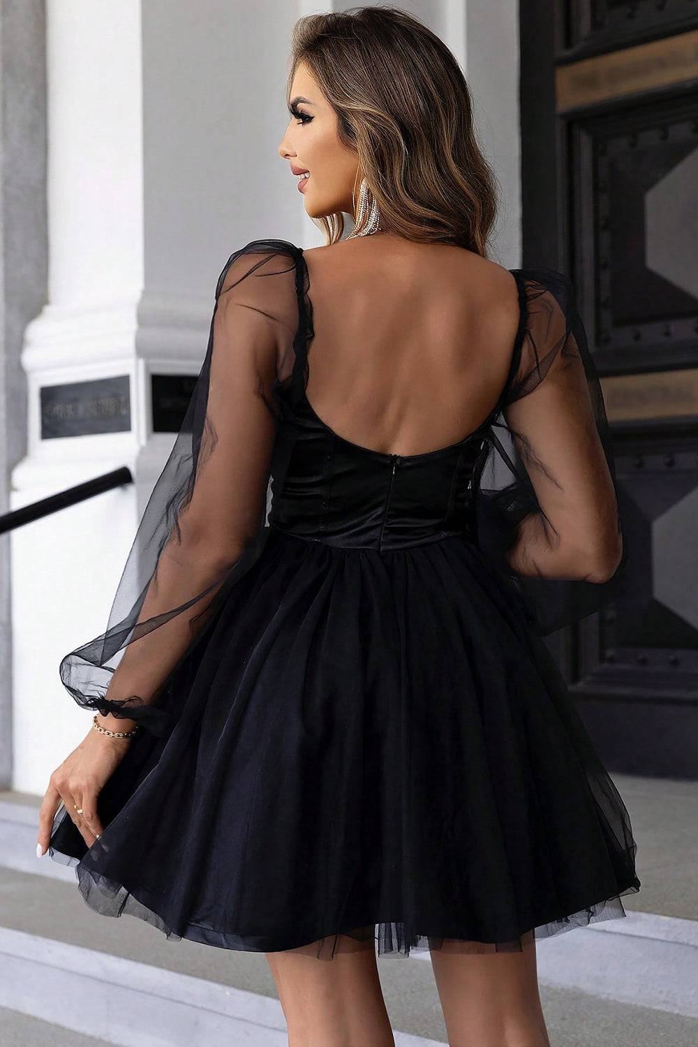 Sweetheart Neck Balloon Sleeve Mini Dress - Siennasass