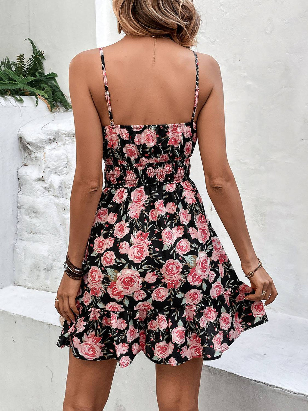 Tied Rose Print Spaghetti Strap Dress - Siennasass