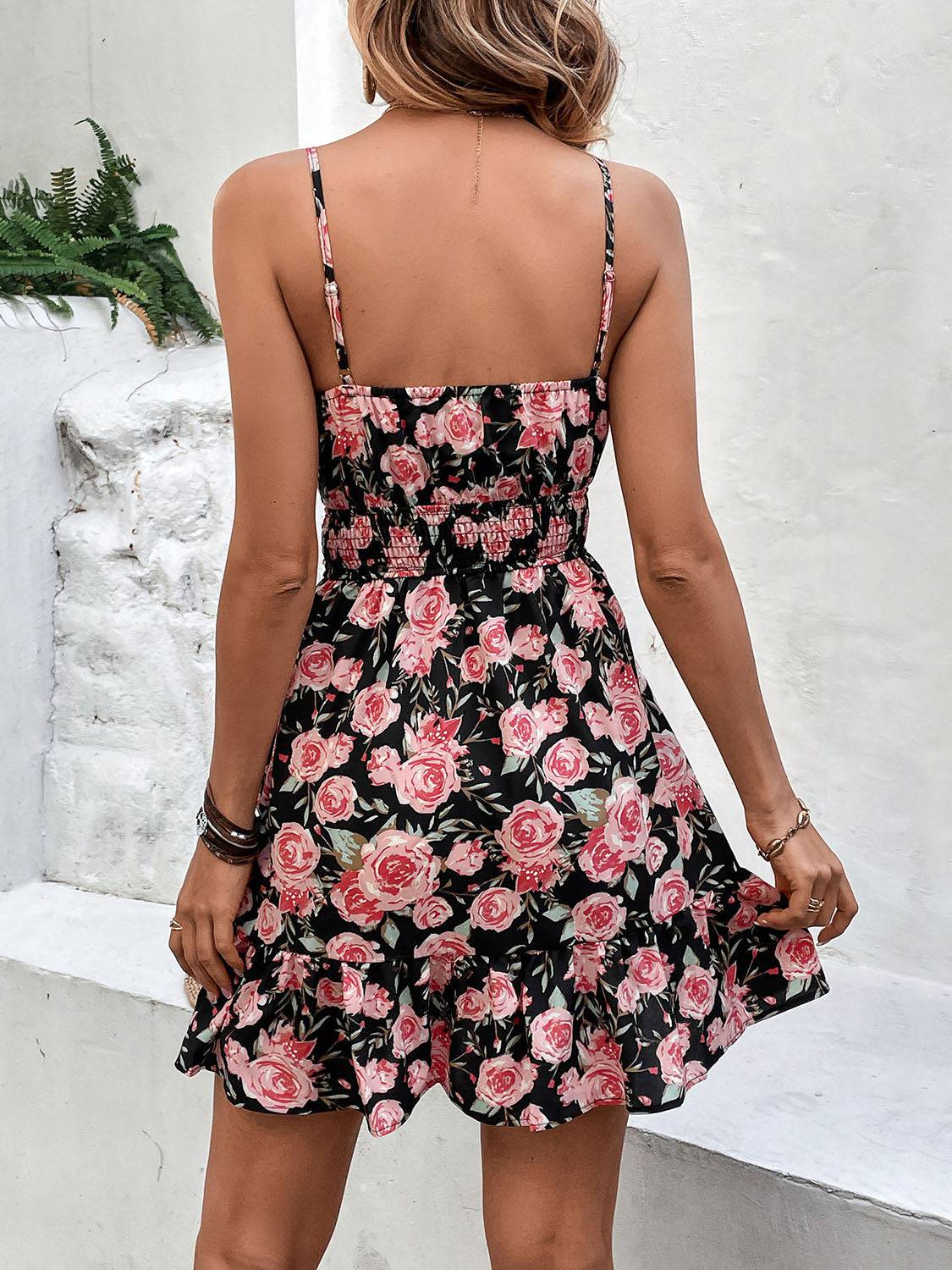 Tied Rose Print Spaghetti Strap Dress - Siennasass