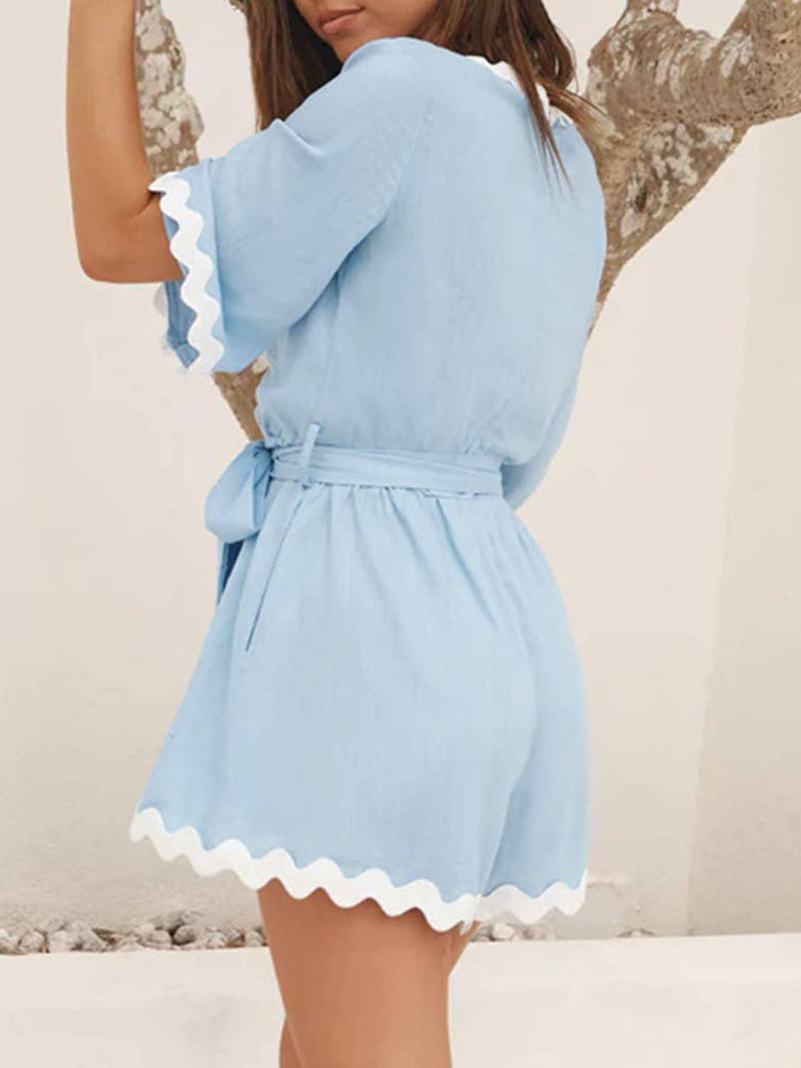 Contrast Trim Surplice Tie Waist Romper - Siennasass