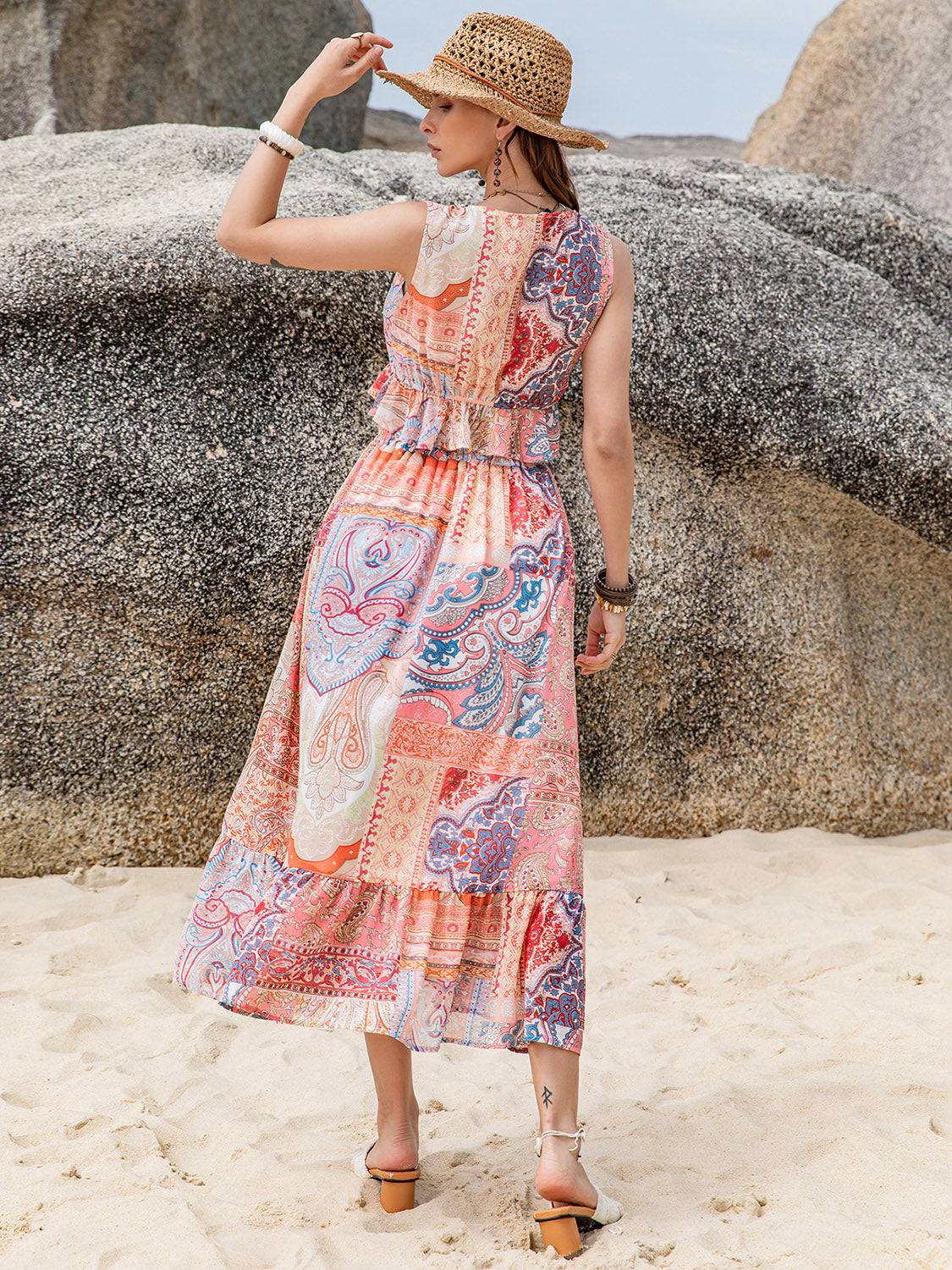 Printed V-Neck Top and Midi Skirt Set - Siennasass