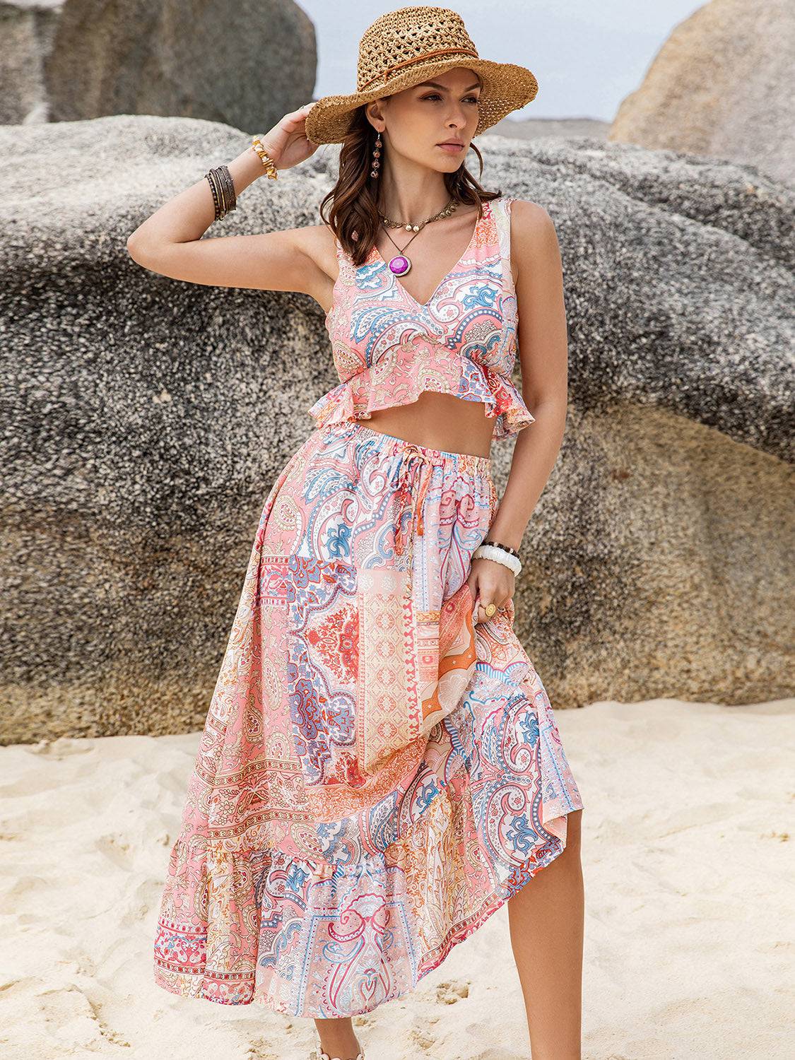 Printed V-Neck Top and Midi Skirt Set - Siennasass