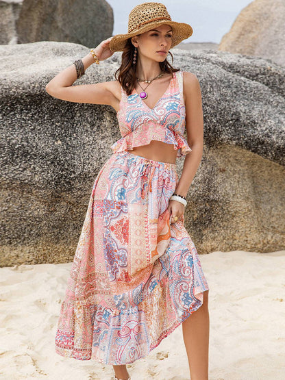 Printed V-Neck Top and Midi Skirt Set - Siennasass