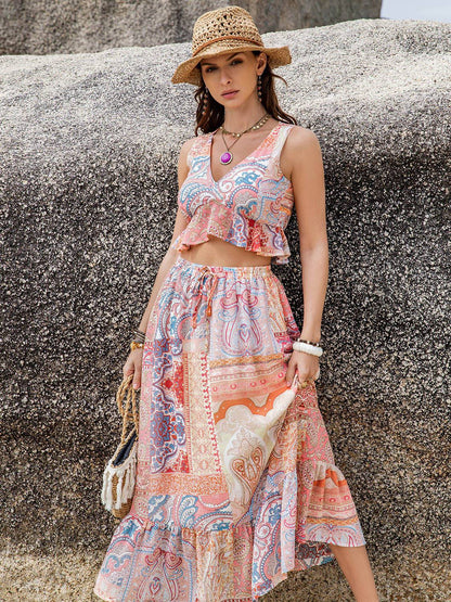 Printed V-Neck Top and Midi Skirt Set - Siennasass