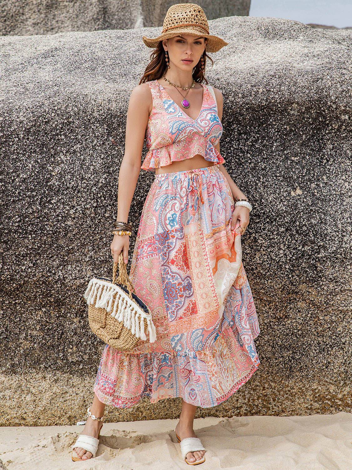 Printed V-Neck Top and Midi Skirt Set - Siennasass