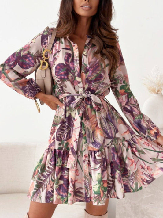 Langärmliges Kleid mit Rüschensaum und Blumenmuster