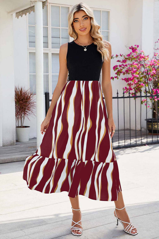 Striped Round Neck Sleeveless Midi Dress - Siennasass