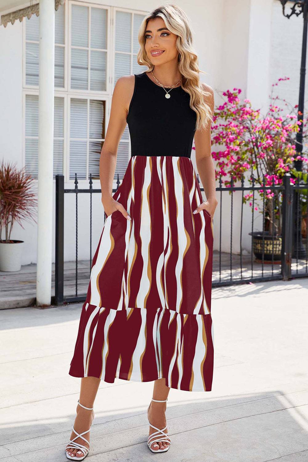 Striped Round Neck Sleeveless Midi Dress - Siennasass