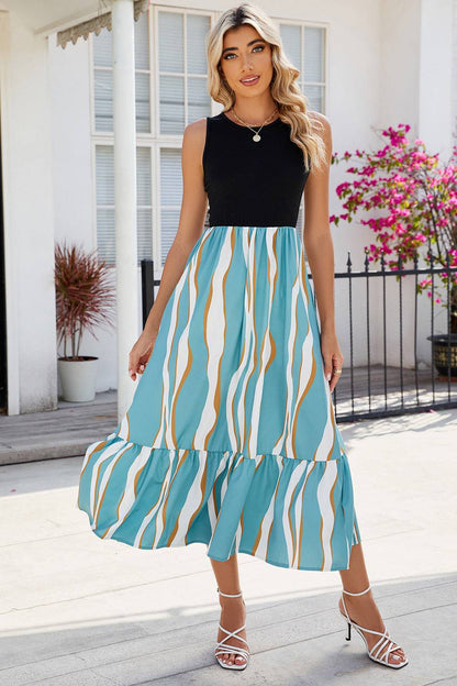 Striped Round Neck Sleeveless Midi Dress - Siennasass