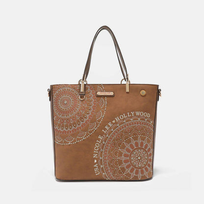 Nicole Lee USA Tragetasche mit Metallic-Nähten, Stickerei und Strass-Intarsien
