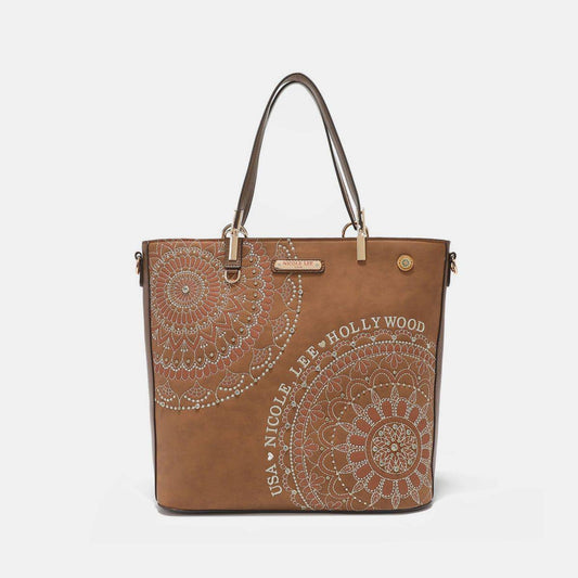 Nicole Lee USA Tragetasche mit Metallic-Nähten, Stickerei und Strass-Intarsien