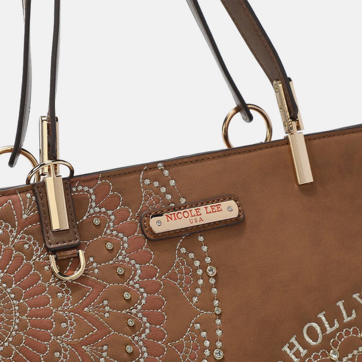 Nicole Lee USA Tragetasche mit Metallic-Nähten, Stickerei und Strass-Intarsien