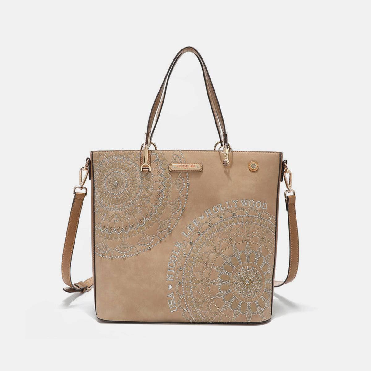 Nicole Lee USA Tragetasche mit Metallic-Nähten, Stickerei und Strass-Intarsien