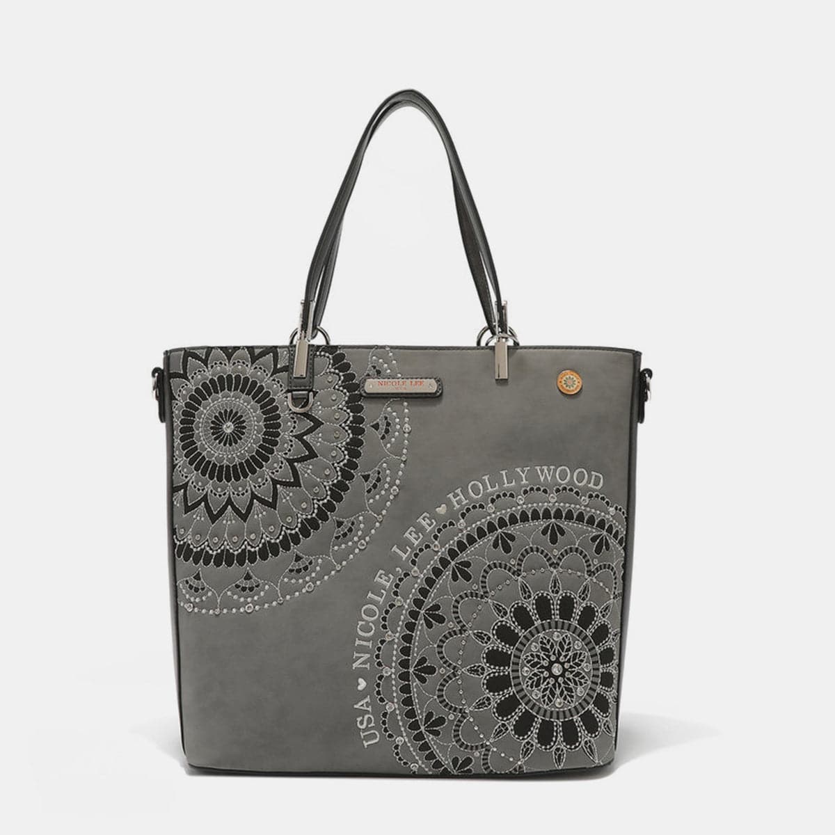Nicole Lee USA Tragetasche mit Metallic-Nähten, Stickerei und Strass-Intarsien