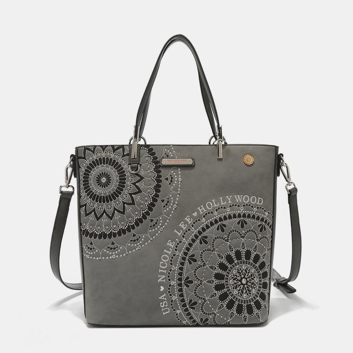 Nicole Lee USA Tragetasche mit Metallic-Nähten, Stickerei und Strass-Intarsien