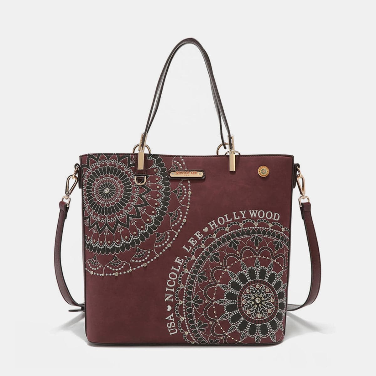 Nicole Lee USA Tragetasche mit Metallic-Nähten, Stickerei und Strass-Intarsien