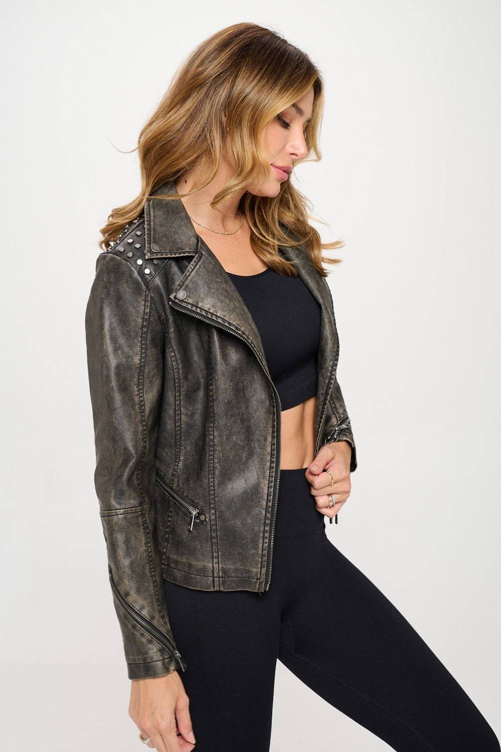 Coalition LA – Klassische Moto-Kunstlederjacke mit Nieten