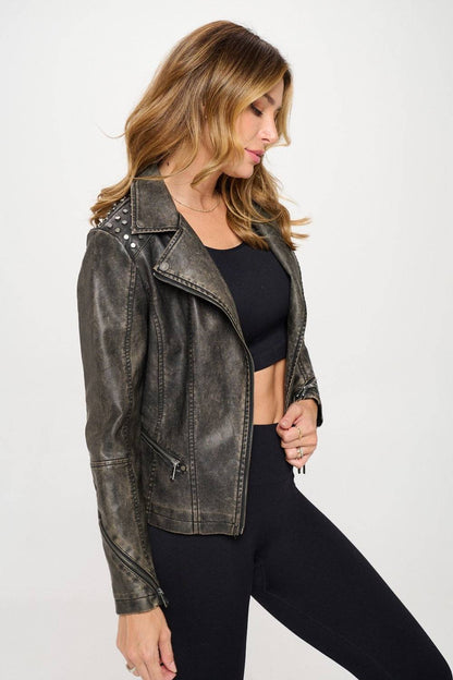 Coalition LA – Klassische Moto-Kunstlederjacke mit Nieten