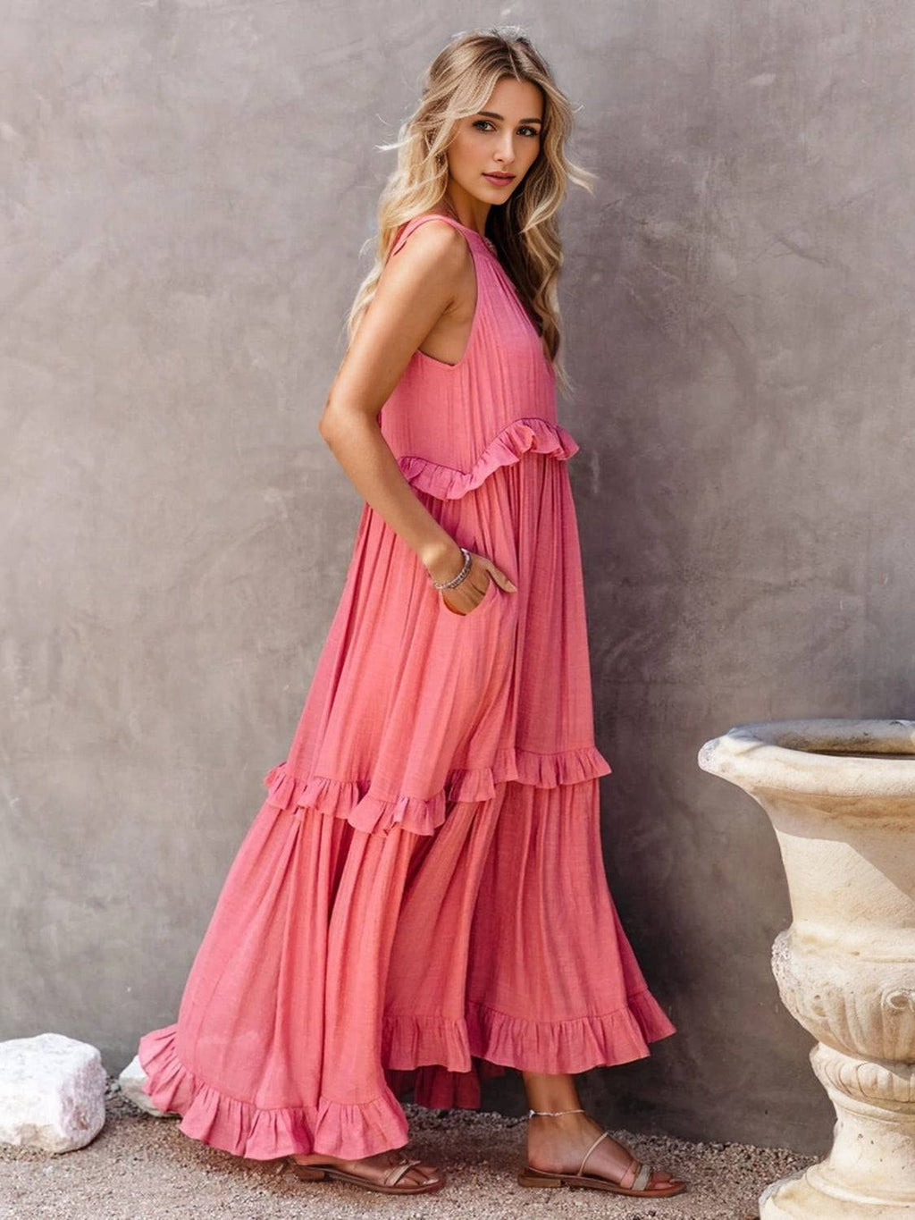 Ruffled Sleeveless Tiered Maxi Dress with Pockets - Siennasass