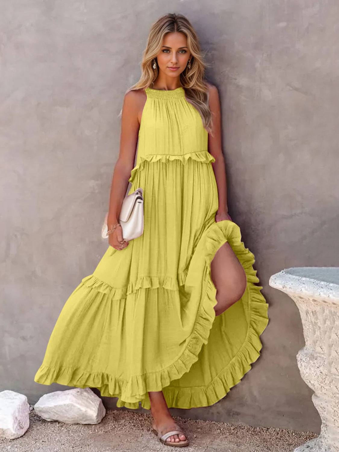 Ruffled Sleeveless Tiered Maxi Dress with Pockets - Siennasass