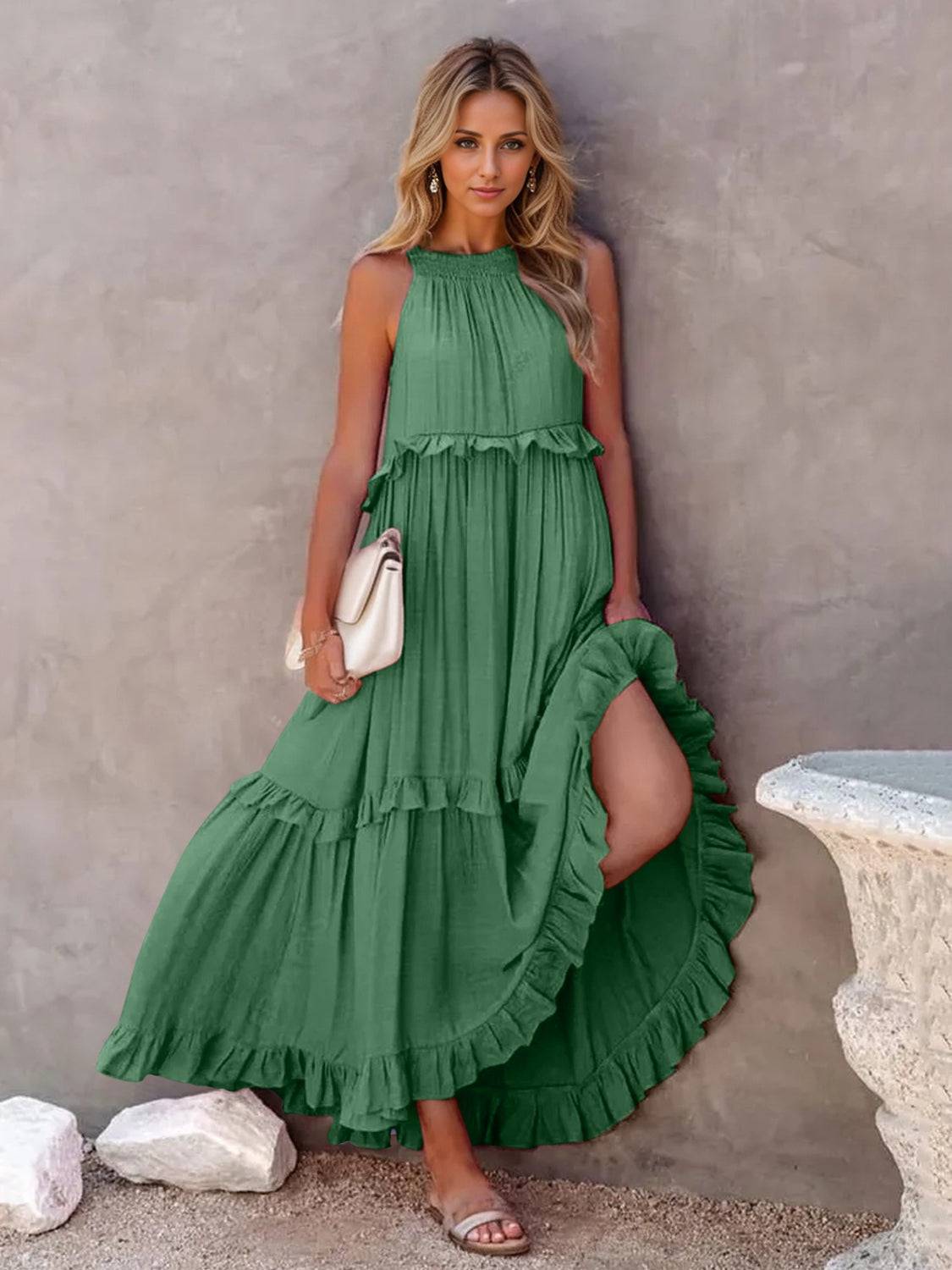 Ruffled Sleeveless Tiered Maxi Dress with Pockets - Siennasass