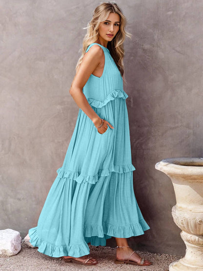 Ruffled Sleeveless Tiered Maxi Dress with Pockets - Siennasass