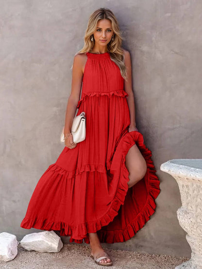 Ruffled Sleeveless Tiered Maxi Dress with Pockets - Siennasass