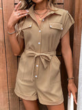 Collared Neck Tie Waist Romper with Pockets - Siennasass