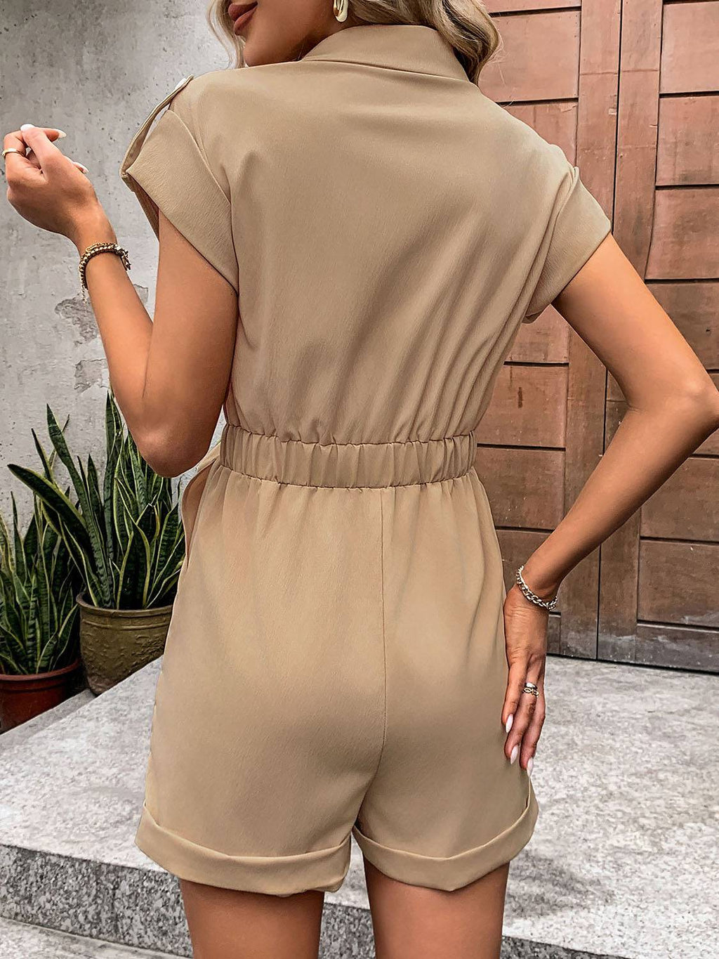 Collared Neck Tie Waist Romper with Pockets - Siennasass