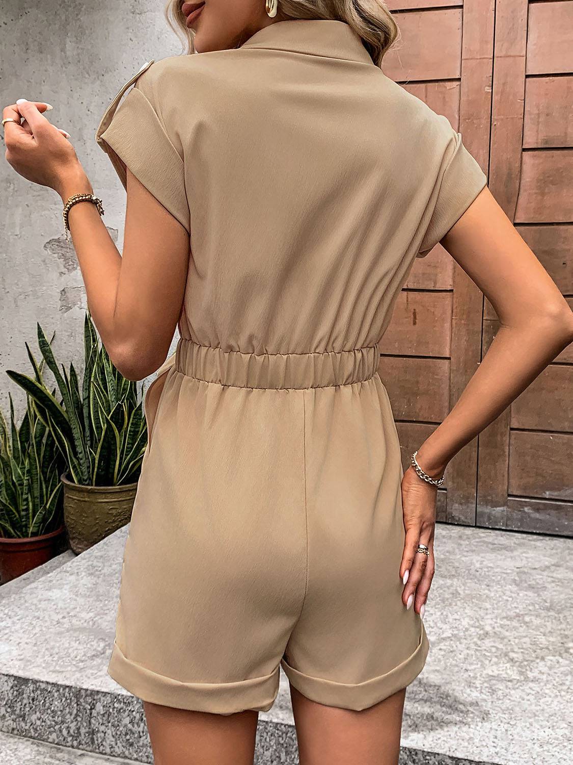 Collared Neck Tie Waist Romper with Pockets - Siennasass