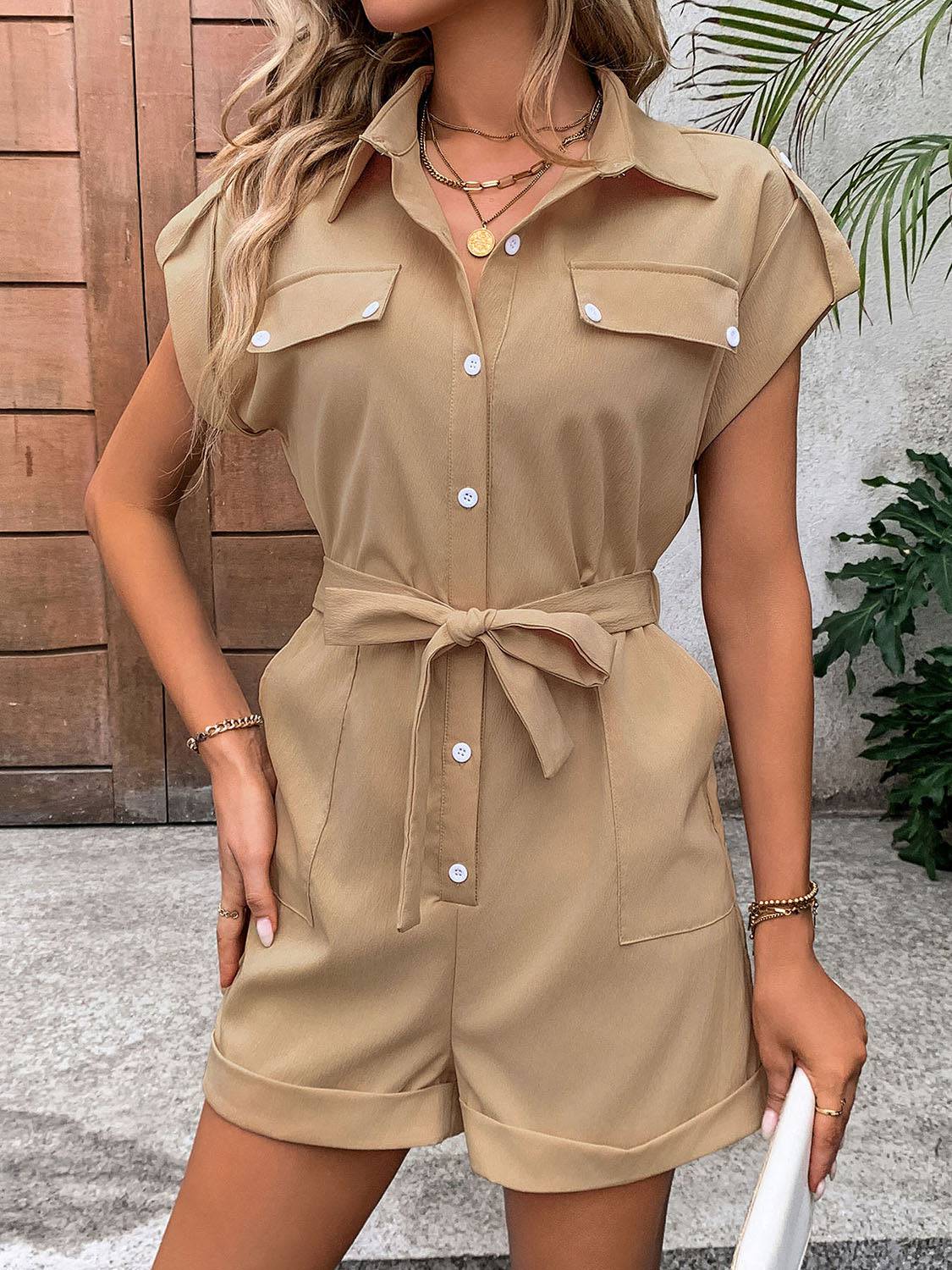 Collared Neck Tie Waist Romper with Pockets - Siennasass