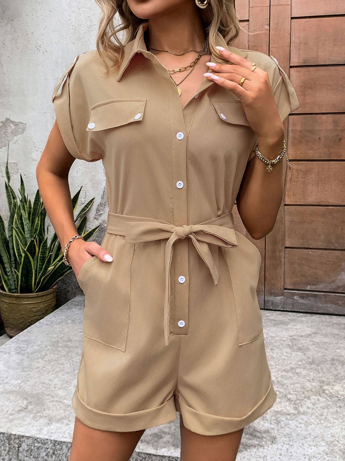 Collared Neck Tie Waist Romper with Pockets - Siennasass