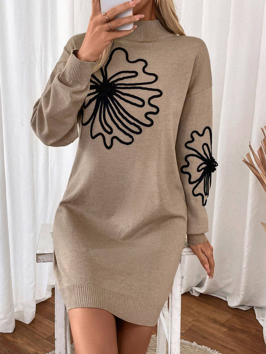 Perfee – Langärmliges Pulloverkleid mit Stehkragen und Blumenmuster