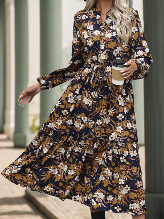 Perfee – Bedrucktes, langärmliges Midikleid mit Einkerbungen