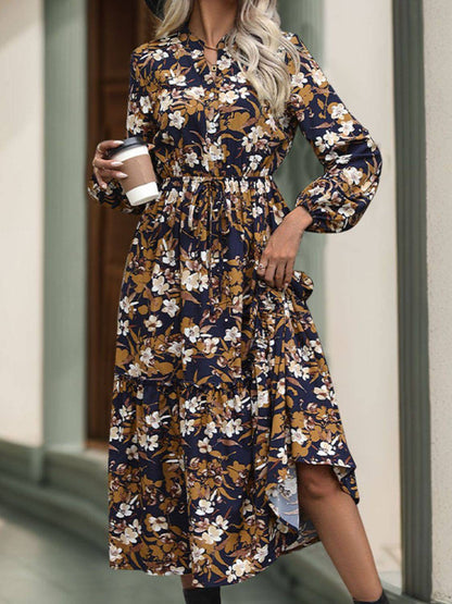 Perfee – Bedrucktes, langärmliges Midikleid mit Einkerbungen
