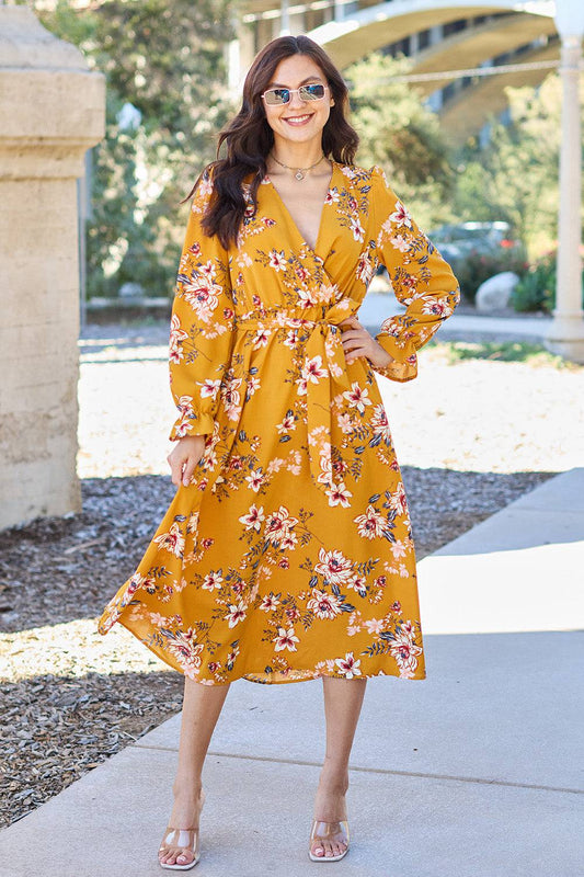 Double Take Full Size Floral Tie Back Flounce Sleeve Dress - Siennasass
