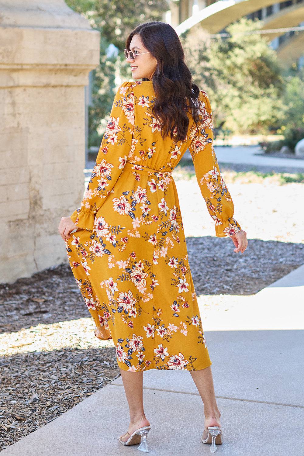Double Take Full Size Floral Tie Back Flounce Sleeve Dress - Siennasass
