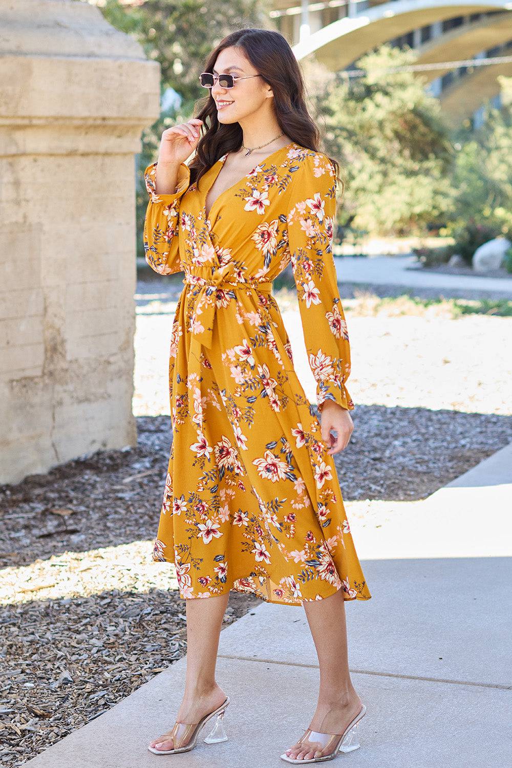 Double Take Full Size Floral Tie Back Flounce Sleeve Dress - Siennasass