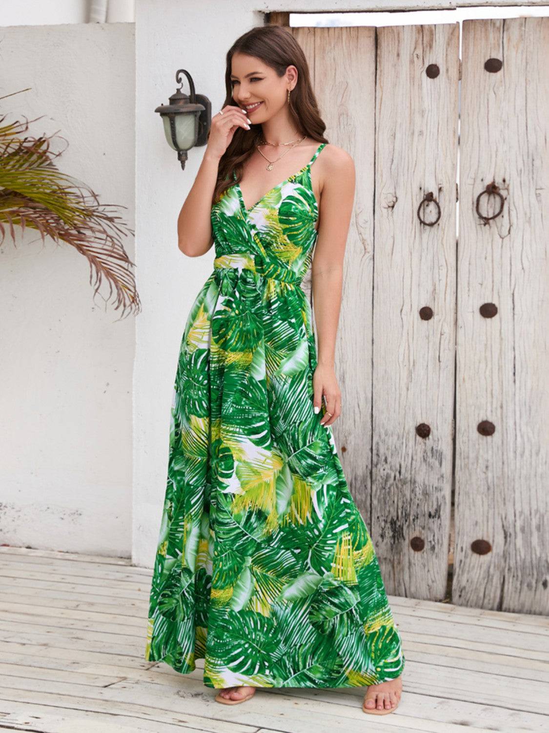 Printed Surplice Spaghetti Strap Dress - Siennasass